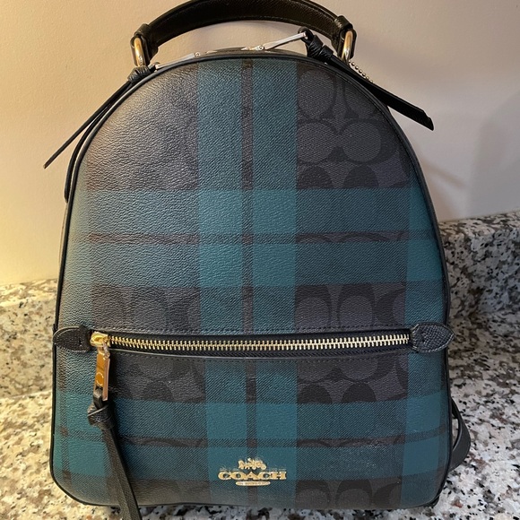 Coach Signature Green & Black Plaid Leather Backpack NEW with tags - Picture 3 of 11